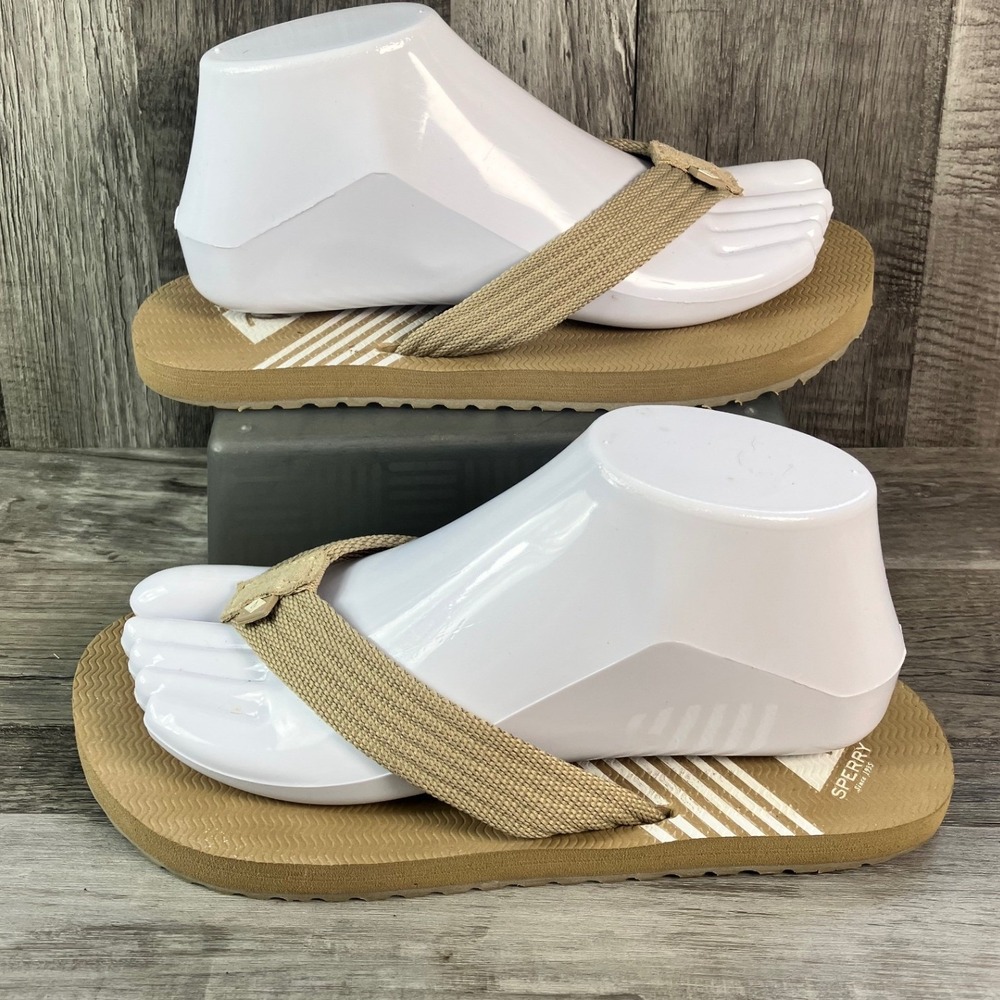 Sperry Women Tan Webbing Leather Flip Flop Sandals STS83613 Striped Footbed 7M